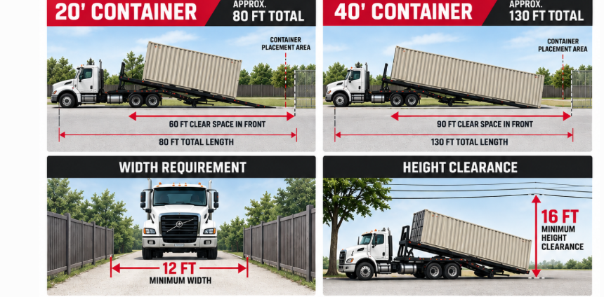 Shipping container delivery space requirements showing 20 foot and 40 foot container delivery clearance, 12 foot minimum width and 16 foot minimum height clearance